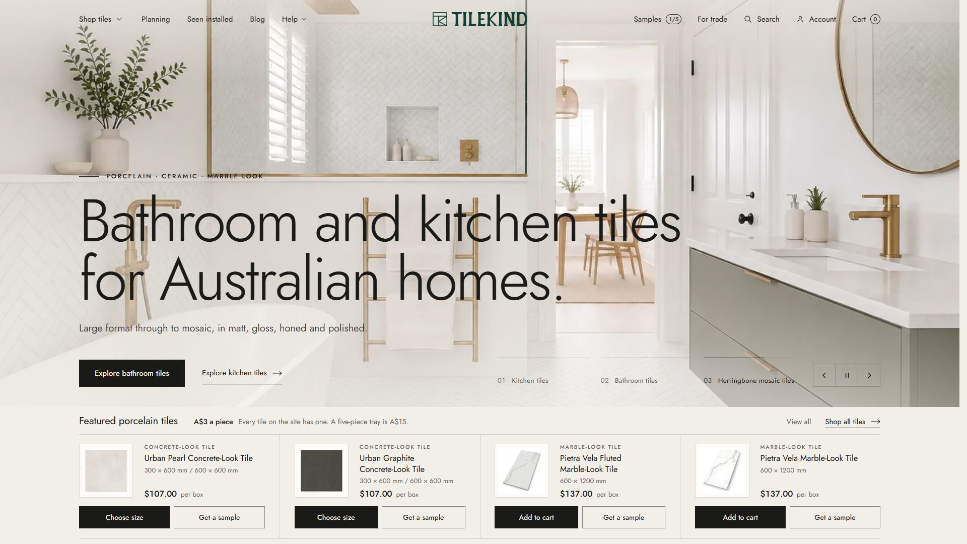 Tilekind | Bathroom, Kitchen & Wall Tiles Australia homepage – E-commerce website designed by Tilekind